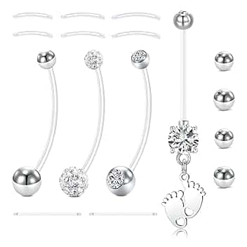 LAURITAMI 14G Piercing Ombelico Gravidanza Flessibile 32 mm Acrilico Fleixble Bioflex Piercing Gravidanza Ombelico con barra di ricambio 12/14/16/25 mm Sfera di ricambio 5/8 mm, 16 pezzi Set