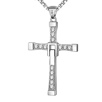 Mokeum Collana croce in acciaio inox,Gioielli in acciaio al titanio medico,Riduzione 1:1 di Fast and Furious,Intarsiato con strass in zirconio, regalo per marito/famiglia/amico (confezione regalo), zirconia