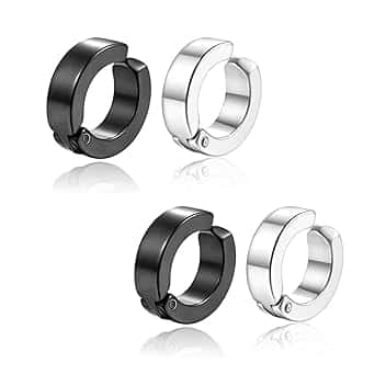 FSYXK 2 Paia Orecchini da Uomo Donna in Acciaio Inossidabile,Tondo,Colore Argento Nero,Senza Buco,Orecchini finti,Clip Senza Buco Inossidabile cerchi orecchini non piercing clip on uomo in acciaio