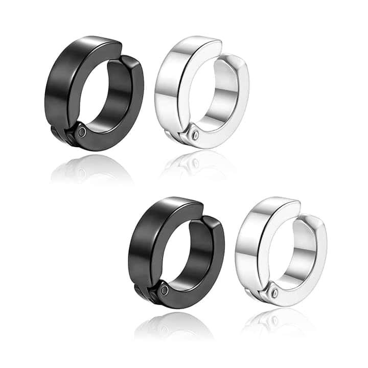 FSYXK 2 Paia Orecchini da Uomo Donna in Acciaio Inossidabile,Tondo,Colore Argento Nero,Senza Buco,Orecchini finti,Clip Senza Buco Inossidabile cerchi orecchini non piercing clip on uomo in acciaio