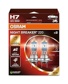 OSRAM NIGHT BREAKER 220, H7, +220% di luminosità in più, lampada faro alogena, 64210NB220-2HB, scatola pieghevole (2 lampade)