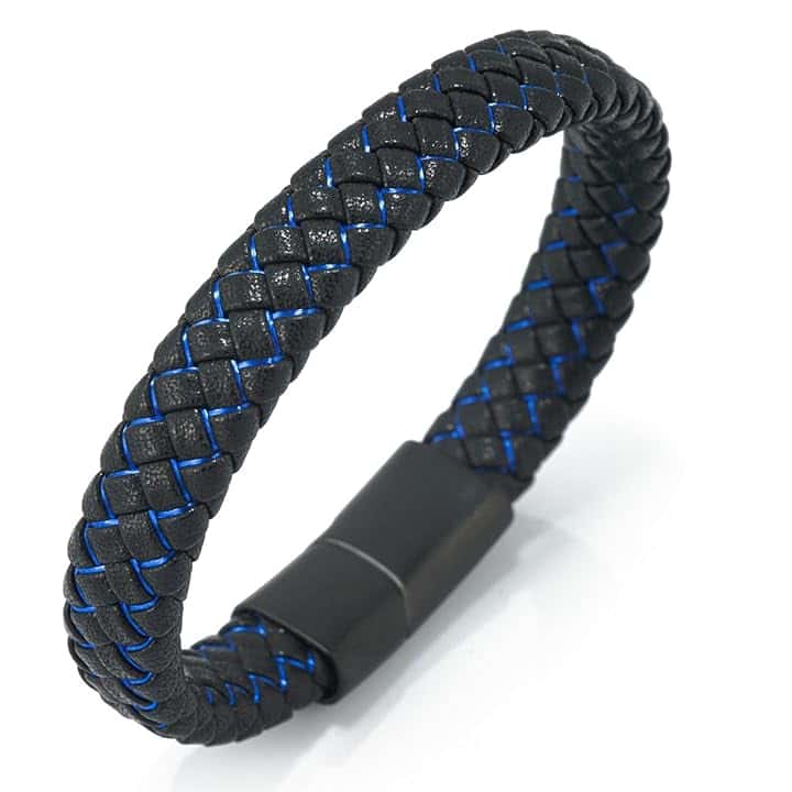 HALUKAKAH ● Jazz Junior ● Ragazzi Vera Pelle Treccia Fatta a Mano Nero mix Blu/Rosso/Verde Bracciale 6-12 Anni. Titanio Smerigliata Chiusura Magnetica Taglia Regolabile 18-19.5cm con Pacco Regalo