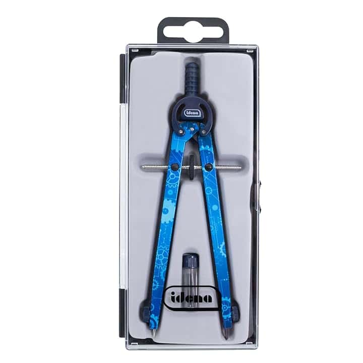 Idena 20165 - Macchina a compasso con rotella centrale, bussola a regolazione rapida in astuccio, incluse due ricariche di ricambio in confezione