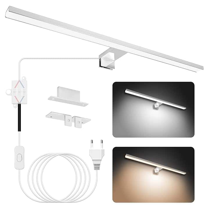 NIORSUN Luce Specchio Bagno LED 15W 60cm Doppia Temperatura Colore 4000K 6000K, Impermeabile IP44, 1500Lm, Montabile su Specchio/Mobile/Parete（Argento）