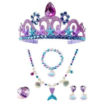 Qanye 6 Pezzi Collana Bambina, Gioielli per Pambini Collana Set, Accessorio per Costume da Principessa, Accessori per Vestire la Sirena Set, Compreso Corona, Orecchini, Collane, Bracciali, Anelli