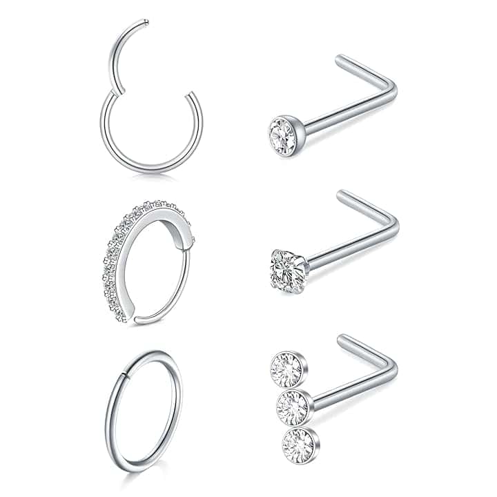 LAURITAMI 6 Pezzi 20G Piercing Naso Acciaio Inossidabile,Cerchio Anello Septum Clicker 8mm 10mm e L Forma Vite Forma Piercing Naso Oro Argento Brillantino Con Zirconi Gioielli per Donne Uomini
