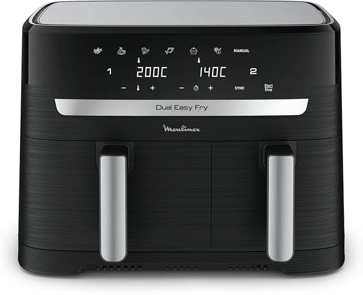 Moulinex Dual Easy Fry, Friggitrice ad Aria con Doppio Cestello XL, 8.3 L/2.2Kg, Capacità fino a 6-8 Persone, Doppia Resistenza Superiore, 7 Programmi, App Ricette, Lavabile in Lavastoviglie, EZ9018