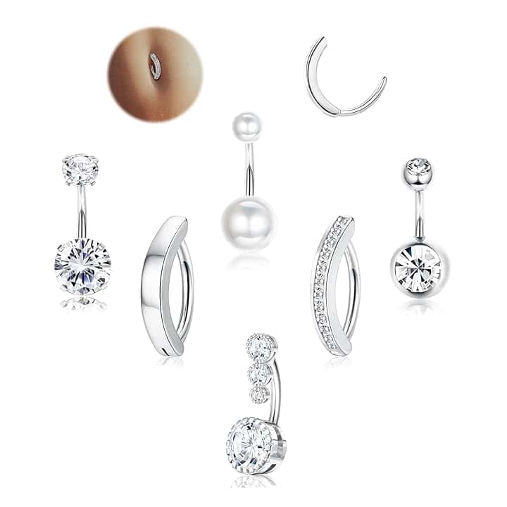 FIOROYAL 6Pezzi Piercing Ombelico per Donna, 14G Ombelico Piercing Acciaio Chirurgico, Argento Oro Piercing Ombelico Anallergico, CZ Perla Clicker Barbell Piercing Ombelico Anello Set