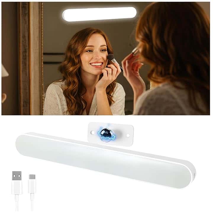 Lampada Specchio Bagno, Luci Per Specchio Da Trucco Con Luci LED a 4000mAH Batteria, Girevole Staccabile 360° Specchiera Trucco, Tre temperature di colore, USB-C, per muro, specchio bagno