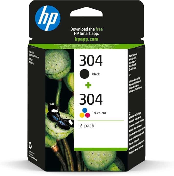 HP 304 Nero e Tricromia, 3JB05AE, Confezione da 2 Cartucce Originali, Compatibili con Stampanti HP DeskJet 2620, 2630, 3720, 3730, 3750, 3760, HP Envy 5010, 5020, 5030 ECOLOGO