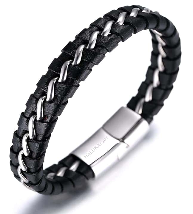 HALUKAKAH Bambini ● Solo Junior ● Bracciale Ragazzo Maschio Vera Pelle Cuoio Nero 6-12+3 Anni Catena Titanio Acciaio Argento Chiusura Magnetica Taglia Regolabile 18-19.5cm con Pacco Regalo Gratuita