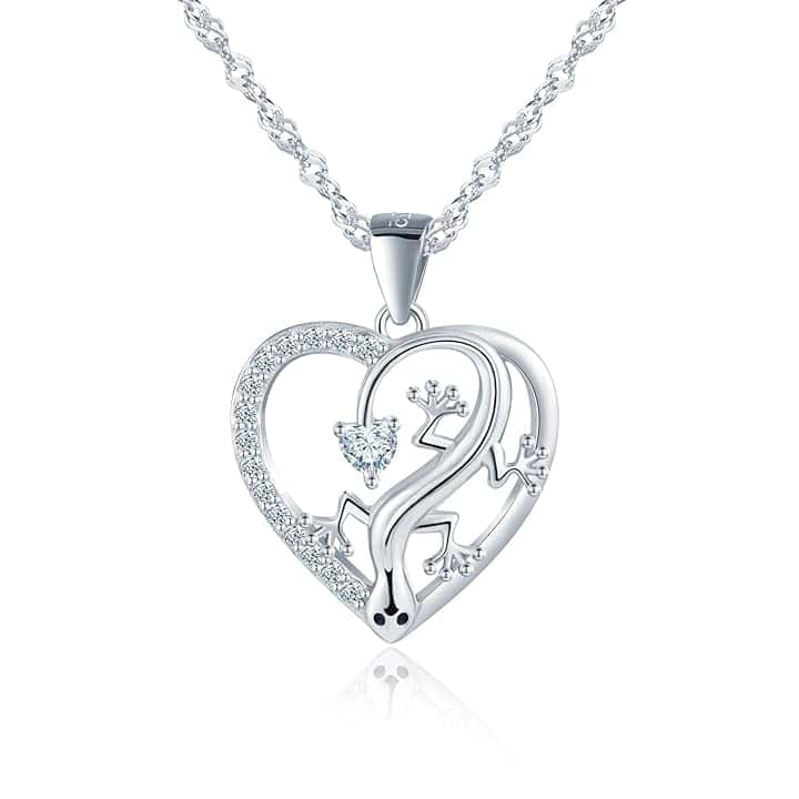 VIKILEE Collana con Ciondolo Geco di Zirconia Cuore,Collana Argento 925 Donna e Ragazze,Argento/Oro/Oro Rosa Collane Lucertola di Animali D'amore,Gioielli Carini per Figlia Mamma Moglie Fidanzata