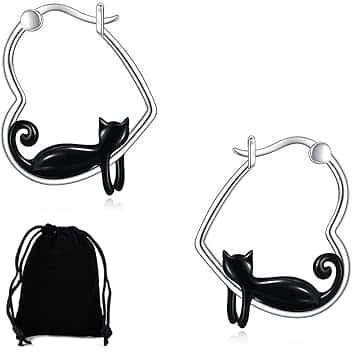 KUMSODE Orecchini a Cerchio Gatto Nero in Argento Sterling 925 Ipoallergenici - Gioielli Animali Carini S925