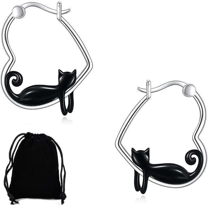 KUMSODE Orecchini a Cerchio Gatto Nero in Argento Sterling 925 Ipoallergenici - Gioielli Animali Carini S925