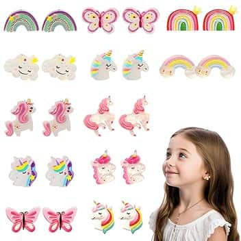 ZILZUFA Orecchini a Clip per Ragazze, 12 Paia di Orecchini a Clip per Ragazze, Orecchini in Resina Non Allergici, Bellissimo Accessori per Gioielli da Principessa per Ragazze, Unicorno