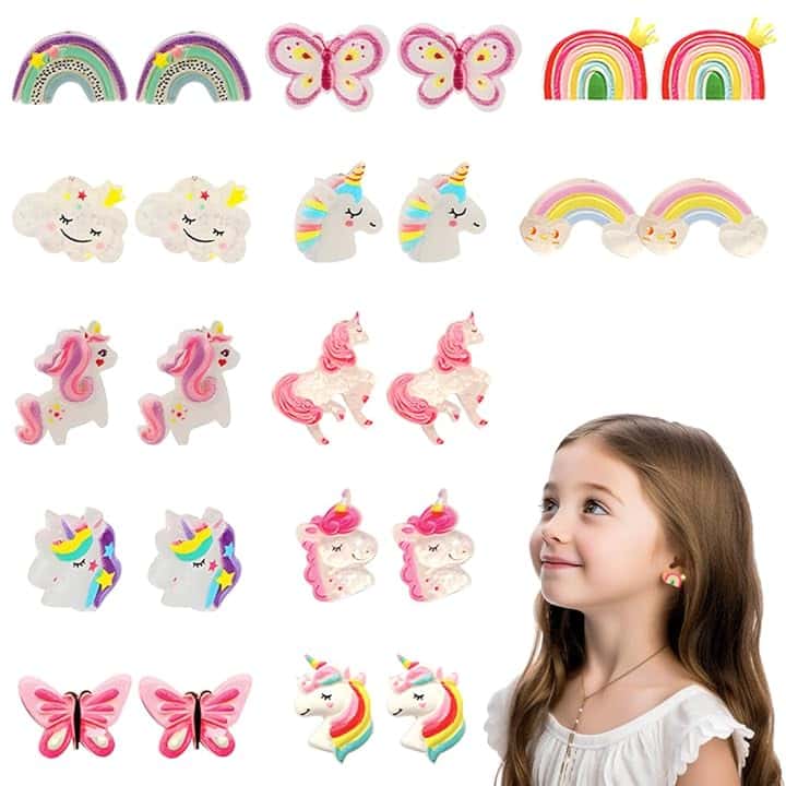ZILZUFA Orecchini a Clip per Ragazze, 12 Paia di Orecchini a Clip per Ragazze, Orecchini in Resina Non Allergici, Bellissimo Accessori per Gioielli da Principessa per Ragazze, Unicorno