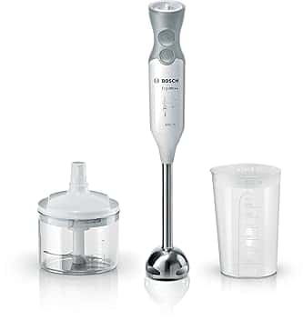 Bosch Frullatore a Immersione MSM66120, 600W, Impugnatura Ergonomica, Piede in Acciaio Inox, Lama a 4 ali Acciaio Inox, Velocità Variabile, Accessorio Tritatutto Incluso, Bicchiere Graduato, Bianco