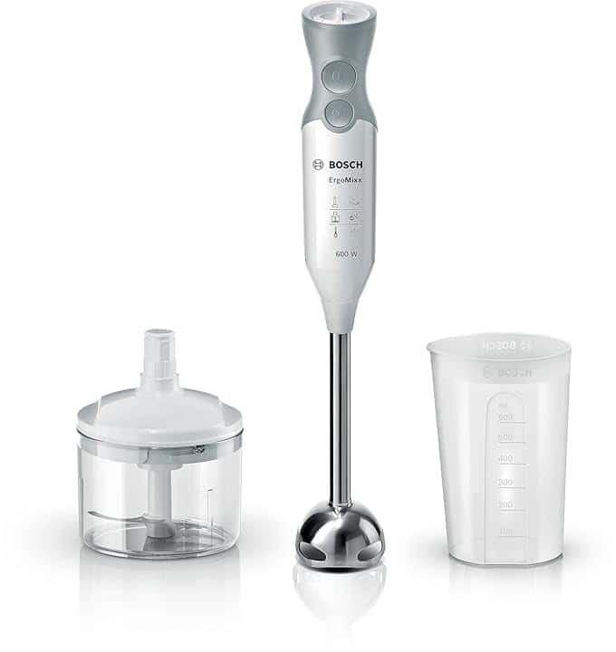Bosch Frullatore a Immersione MSM66120, 600W, Impugnatura Ergonomica, Piede in Acciaio Inox, Lama a 4 ali Acciaio Inox, Velocità Variabile, Accessorio Tritatutto Incluso, Bicchiere Graduato, Bianco