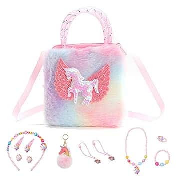 FOSDICK Gioielli Bambina Set, Borsetta Bambina Unicorno, Collana Bracciale Anello Orecchini e Fermagli per Capelli, Regalo 3 4 5 6 7 8 Anni