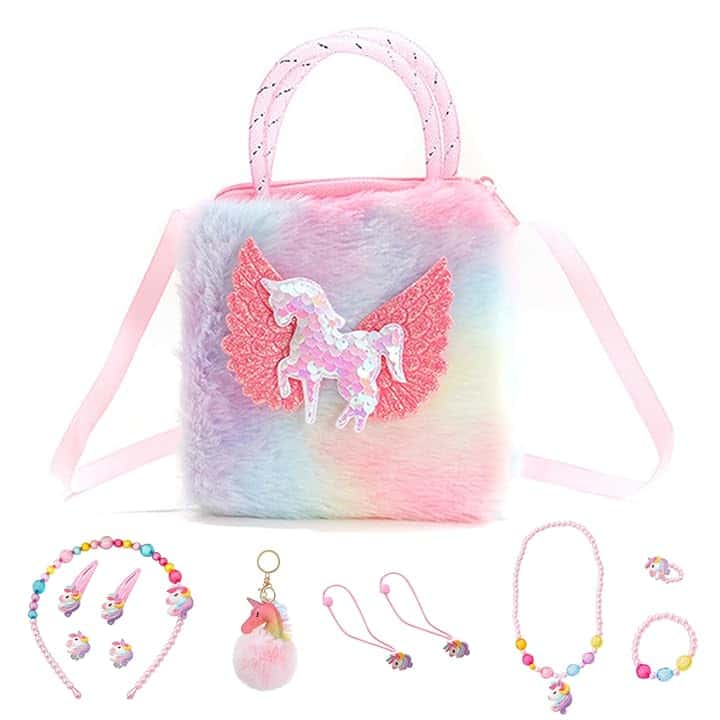 FOSDICK Gioielli Bambina Set, Borsetta Bambina Unicorno, Collana Bracciale Anello Orecchini e Fermagli per Capelli, Regalo 3 4 5 6 7 8 Anni