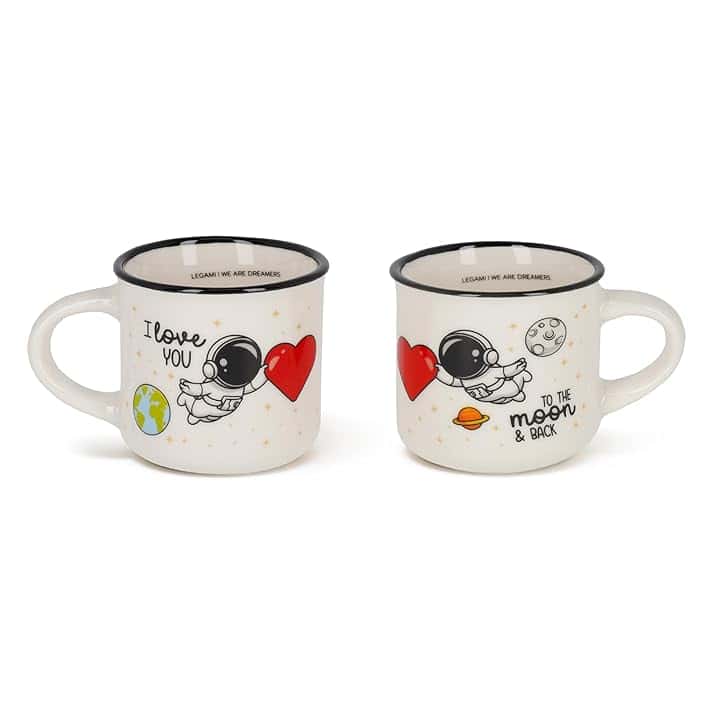 Legami - Tazzine da Caffè Espresso For Two, Set da 2 Coffee Mug in Porcellana New Bone China, Tazza Caffè Lavabile in Lavastoviglie, Tema Astronauta I Love You, Diametro 5,5 cm, Capacità 50 ml