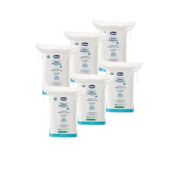 Chicco Baby Moments Quadrotti in Cotone Morbido, 360 Pezzi, 100% Cotone Puro, Multipack 6x60, Pacco scorta