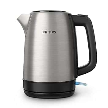 Philips Daily Collection Bollitore Elettrico in Metallo – Acciaio Inox per Uso Alimentare, Resistenza Piatta a Bollitura Rapida, Filtro Anticalcare, Coperchio a Molla, 1,7L, Spia Luminosa (HD9350/90)