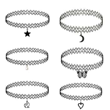 IBXWMNG 6 Pz Girocollo Collane Set Collari Elasticizzati Per Ragazze Ragazze Bambini Donne, Collana Tatuaggio Elasticizzato Vintage Moda, Collana Vintage alla Moda, avec pendente Nero,per ragazzi e ragazze