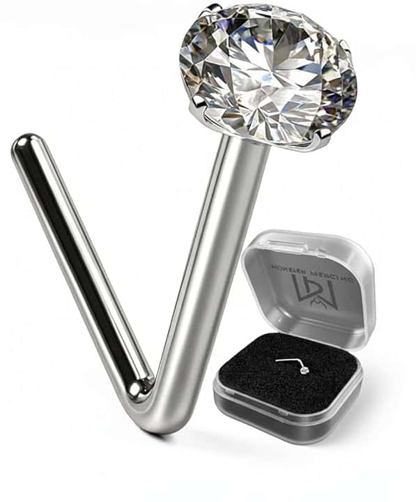 Monster Piercing 9k oro bianco del forcone rotondo in pietra CZ 22 Gauge L Bend perno del naso Piercing