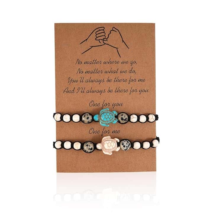 BCHKO 2 Pezzi Braccialetto dell'Amicizia Promessa Fatto a Mano Significato Distanza Regalo per Migliore Amica Coppia Amanti Ragazze, Braccialetto Regolabile con 1 Biglietto d'Auguri (Tartaruga)