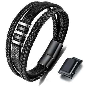 Gkmamrg Bracciale da uomo in pelle nera con cinturino in pelle Braccialetto intrecciata, in vera pelle intrecciata 22.5cm