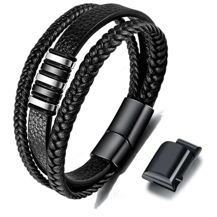 Gkmamrg Bracciale da uomo in pelle nera con cinturino in pelle Braccialetto intrecciata, in vera pelle intrecciata 22.5cm