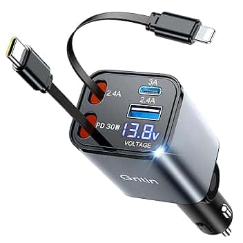 Gritin 69W Caricabatteria Caricatore da Auto 4 in 1 Retrattile, PD 3.0 USB C Accendisigari Ricarica Rapida, Display LED, Accessori Auto Campeggio Viaggio Compatibile con iPhone 17 Pro Max/16/15/14