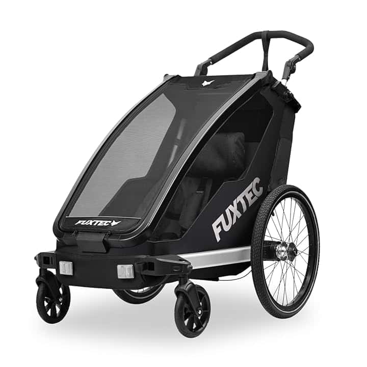 FUXTEC Rimorchio per Bici FX-FA1S – Carrello 1 Posto per Bambini con Cintura di Sicurezza – Pieghevole con Parasole e Parapioggia Inclusi – Telaio Leggero e Robusto
