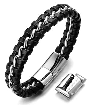 HALUKAKAH Bambini ● Solo Junior ● Bracciale Ragazzo Maschio Vera Pelle Cuoio Nero 6-12+3 Anni Catena Titanio Acciaio Argento Chiusura Magnetica Taglia Regolabile 18-19.5cm con Pacco Regalo Gratuita