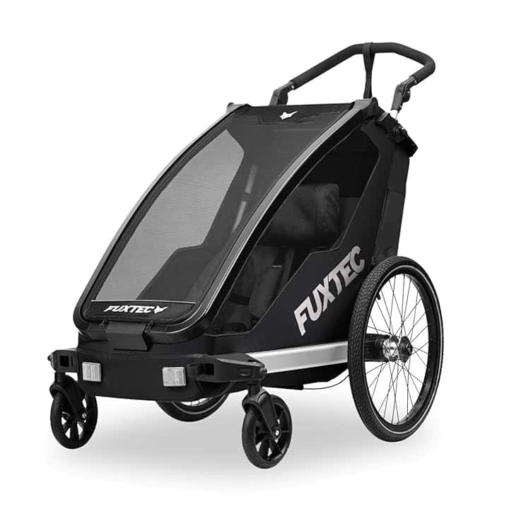 FUXTEC Rimorchio per Bici FX-FA1S Nero – Carrello 1 Posto per Bambini con Cintura di Sicurezza – Pieghevole con Parasole e Parapioggia Inclusi – Telaio Leggero e Robusto