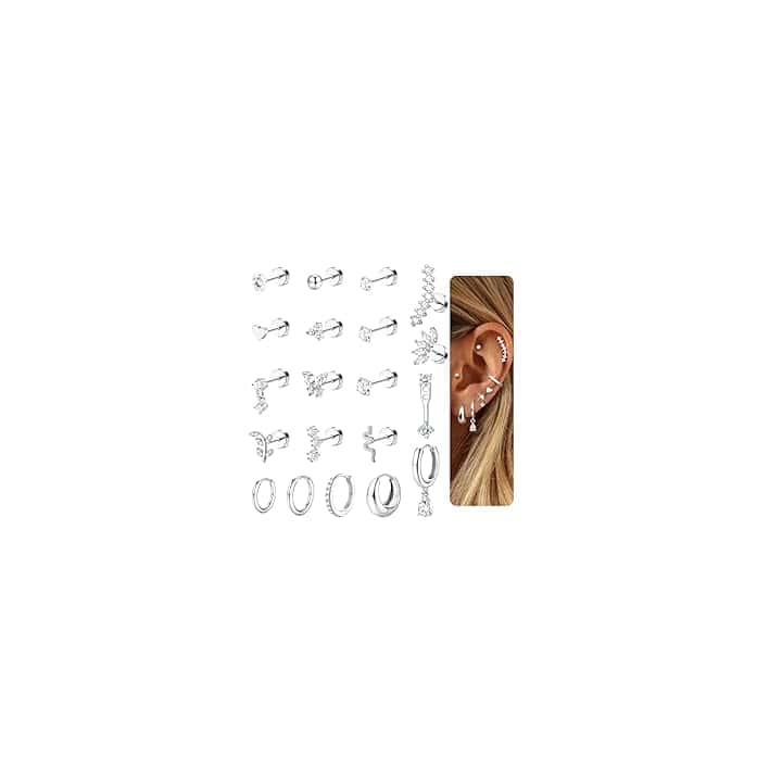 LOLIAS 20Pcs Piercing Orecchio Acciaio Chirurgico Set Orecchio Donna Orecchini Cerchio Piccoli Orecchini a Bottone Conch Piercing Cartilagine Orecchini Piercing Trago Helix Piercing Argento Oro