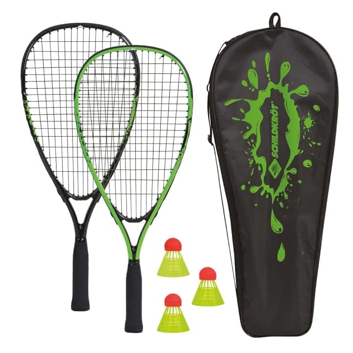 Schildkröt Set da Speed Badminton, 2 Pratiche Racchette in Alluminio, Lunghezza 54,5 cm, 3 Volani Resistenti al Vento, Borsa di Qualità Verde/Nero, 970906