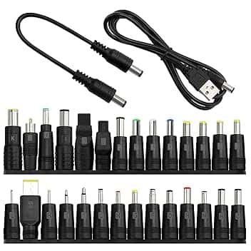 28 Pezzi Adattatore di Alimentazione DC Universale, KUOQIY DC Barrel Connettore Tips, 5.5x2.1 mm Femmina a Maschio Adattatore Jack Connettore con 2 Pezzi Cavo, per Ventilatori, Router