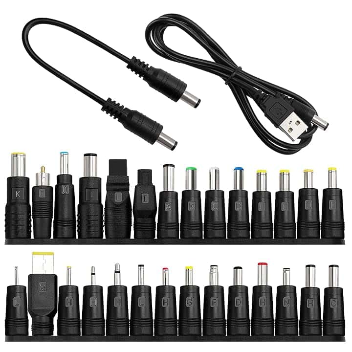 28 Pezzi Adattatore di Alimentazione DC Universale, KUOQIY DC Barrel Connettore Tips, 5.5x2.1 mm Femmina a Maschio Adattatore Jack Connettore con 2 Pezzi Cavo, per Ventilatori, Router