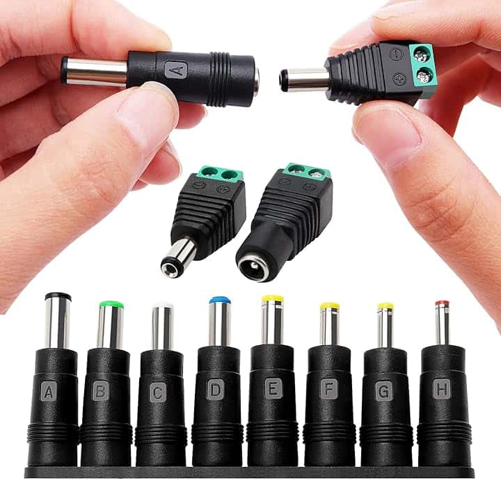 8 in 1 Adattatore di Alimentazione DC Universale, 5.5x2.1 mm Femmina a Maschio Adattatore Jack Connettore, DC Barrel Connettore Tips, con Connettore CC Maschio Femmina, per Ventilatori, Router
