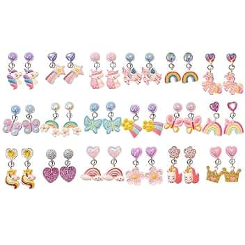 HTTDSLF 18 Paia Orecchini a Clip per Bambina, Orecchini in Resina Non Allergici, a Forma di Cuore Farfalle Fiori Unicorno Arcobaleno Farfalla, Accessori per Gioielli da Principessa per Ragazze
