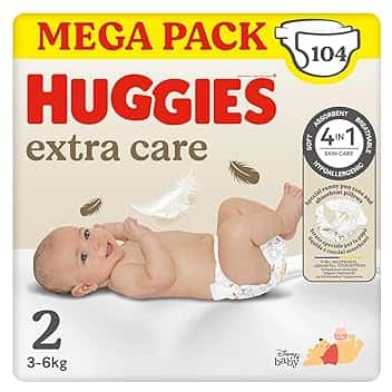 Huggies Extra Care Bebe, Pannolini Taglia 2 (3-6Kg), Ultra assorbente, Design Disney, Pacco Mega, 104 Pz