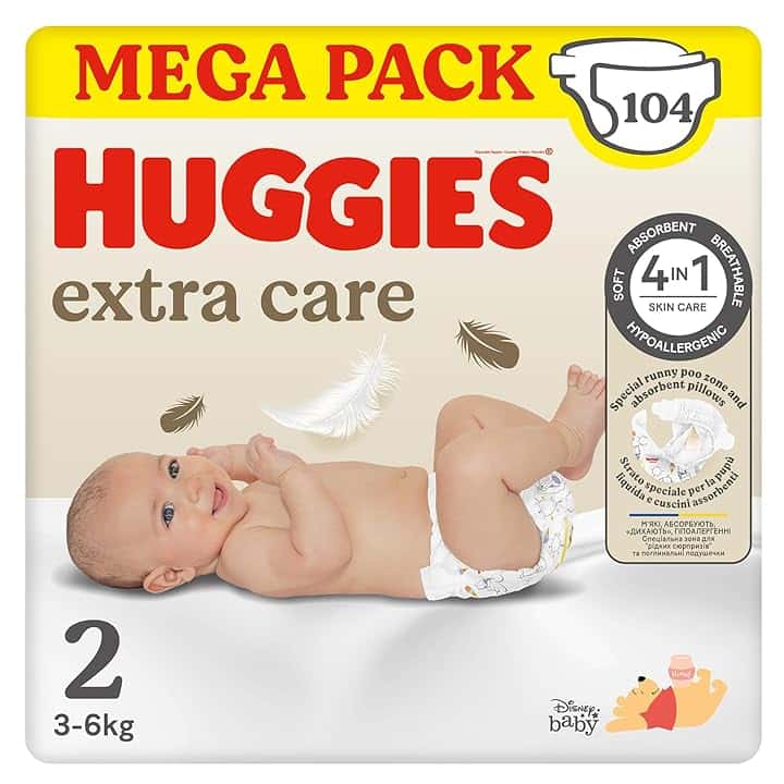 Huggies Extra Care Bebe, Pannolini Taglia 2 (3-6Kg), Ultra assorbente, Design Disney, Pacco Mega, 104 Pz