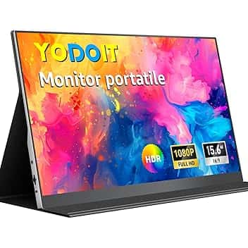 Yodoit Monitor Portatile da 15,6" con display IPS FHD 1920x1080P | Connettività USB-C e HDMI, altoparlanti integrati, con Smart Cover, per laptop, PC, Mac, PS3/4/5, Xbox Etichetta Energetica