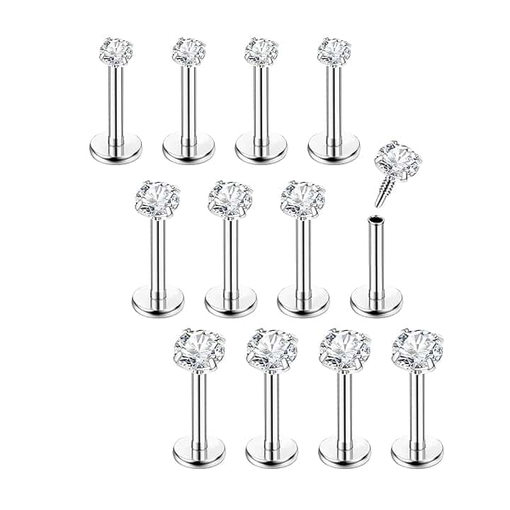 Chriscoco 16G 12Pcs Piercing Orecchio Acciaio Chirurgico Piercing Naso brillantino Piercing Labbro Piercing Helix 6/8mm per Donne Uomini
