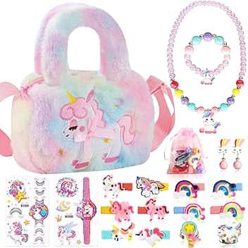 BBLTIFF Unicorno Bambina Regalo, 19 Pièces Borsa Unicorno et Gioielli Set, Borsetta con Bracciale, Anello, Collana, Fermagli per Le Orecchie, Bambina Regalo 1-9 Anni