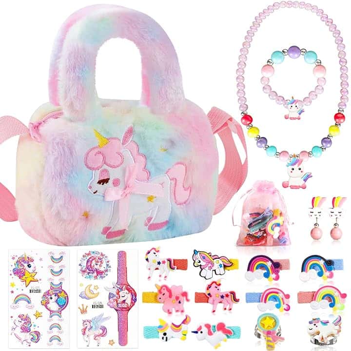 BBLTIFF Unicorno Bambina Regalo, 19 Pièces Borsa Unicorno et Gioielli Set, Borsetta con Bracciale, Anello, Collana, Fermagli per Le Orecchie, Bambina Regalo 1-9 Anni