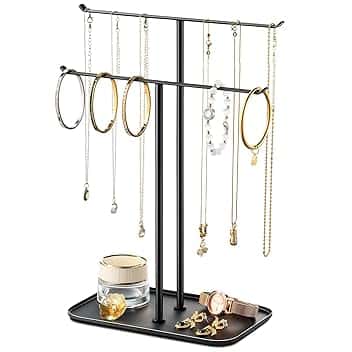 pickpiff pickpiff Supporto per collane organizer per gioielli - Espositore per gioielli a 2 livelli con barra a T con vassoio per piano di lavoro, collane, bracciali, orecchini, cassettiera da bagno, nero