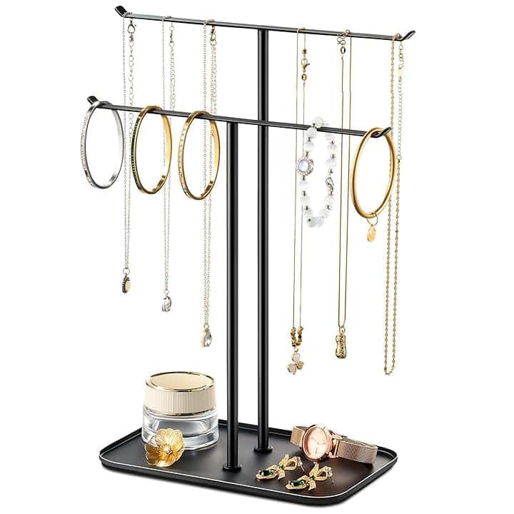 pickpiff pickpiff Supporto per collane organizer per gioielli - Espositore per gioielli a 2 livelli con barra a T con vassoio per piano di lavoro, collane, bracciali, orecchini, cassettiera da bagno, nero